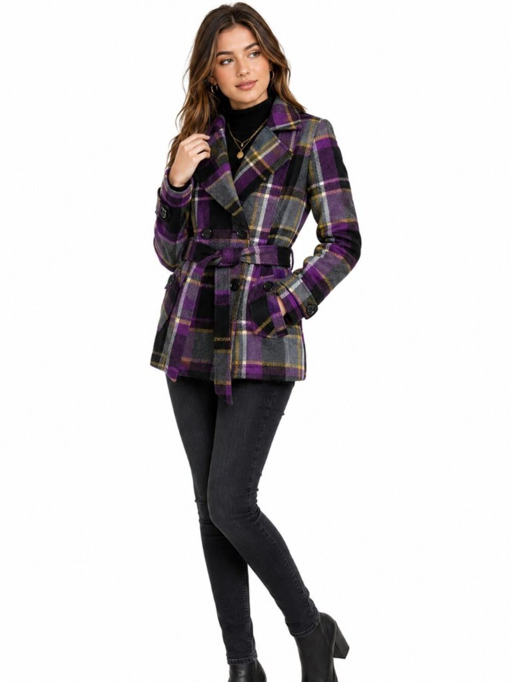 DEB Y2K Purple Plaid Wool Blend Belted Double Breasted Peacoat Jacket S